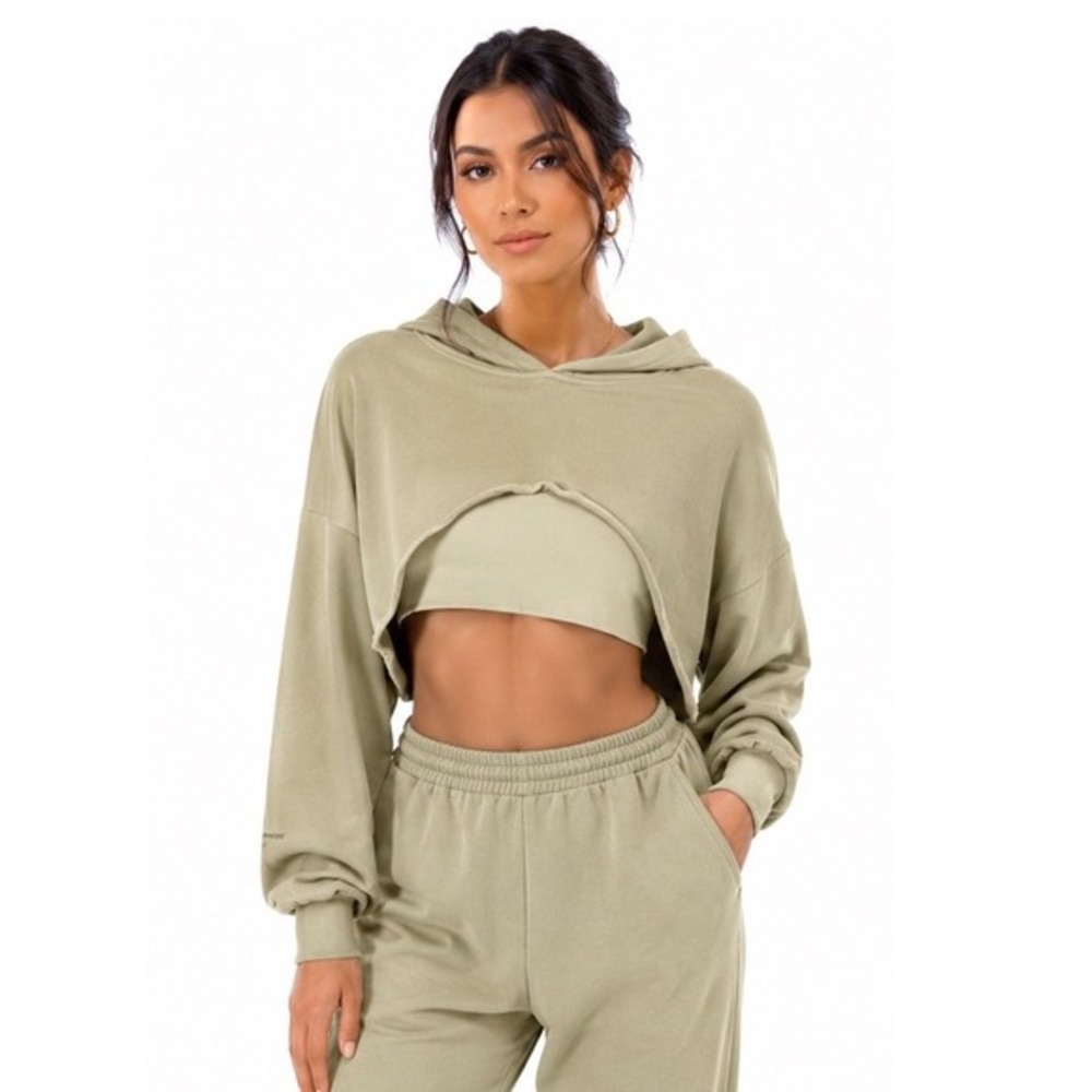 Zara‎ Limited Sport Basics Cropped Hoodie Tan Beige Shrug Sweatshirt M Y2K 70-16
